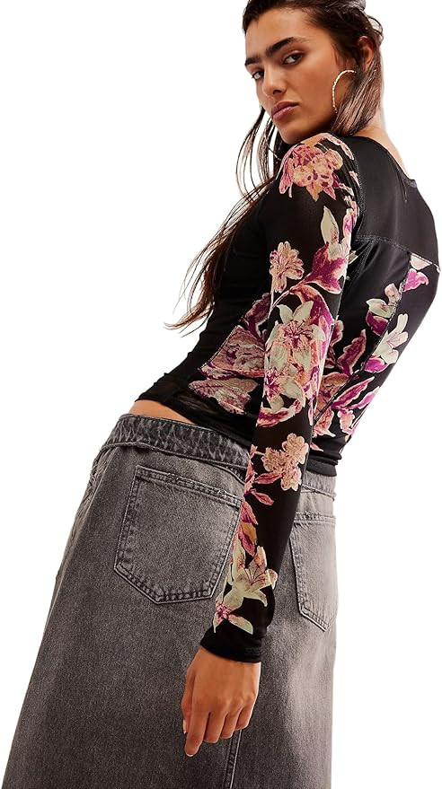 Women's Double-Layer Floral Print Mesh Tops Long Sleeve Sheer Blouse Slim Fit T-Shirts | Amazon (US)