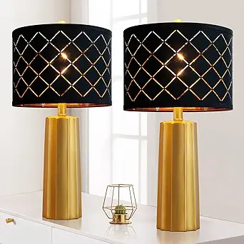 RORIANO 24" Set of 2 Modern Table Lamps for Living Room Bedroom, Gold Black Grid Nightstand Resin... | Amazon (US)