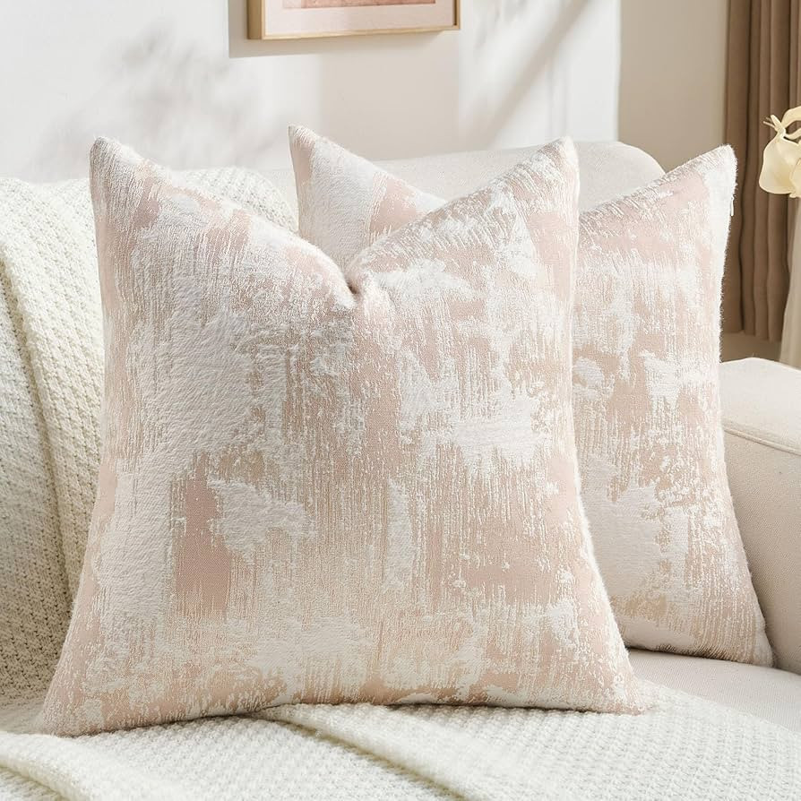 FUTEI Pink White Decorative Throw Pillow Covers 18x18 Inch Set of 2,Jacquard Weave Cushion Case i... | Amazon (US)