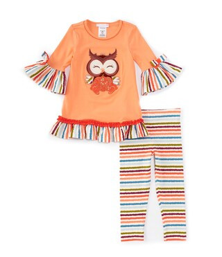 Little Girls 2T-6X Bell-Sleeve Owl-Appliqued Tunic Top & Striped Leggings Set | Dillard's