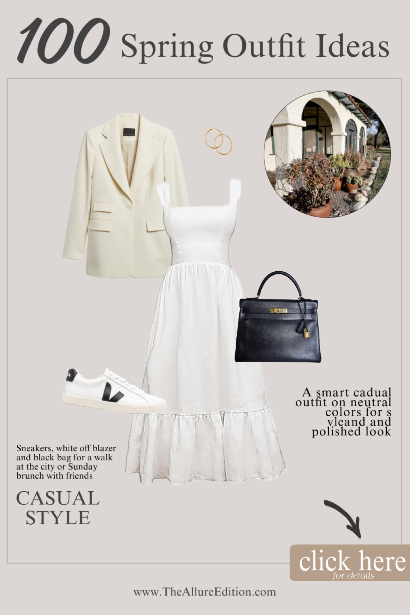 Spring Outfit idea
Spring white dress
Linen dress
White dress
Veja sneakers 
Black bag
Black hermes bag
Ivory blazer
