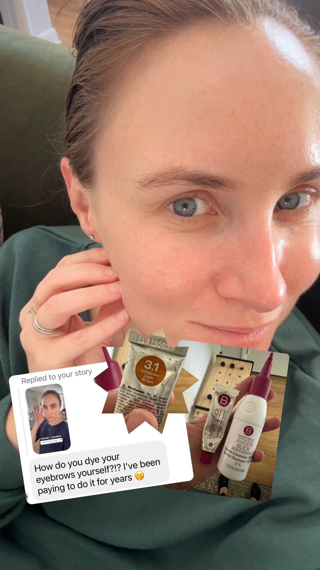 What I use and how I dye my eye brows at home 🏡 

This was recommended to me by a fellow red head and HER stylist. 

You need four products:
1. Developer
2. Color agent (I use light brown 3.1 🤎)
3. Vaseline
4. Eye brow brush

Mix a dime size of each the developer and color agent in a glass dish. Swipe Vaseline around your eye brows - this keeps it from staining your skin. Using the eye brow brush, brush the dye onto each eye brow. Wait 10-12 min (start on the lower time limit). Wipe off dye with a damp cotton round until clean.

Repeat every 3-4 weeks. 