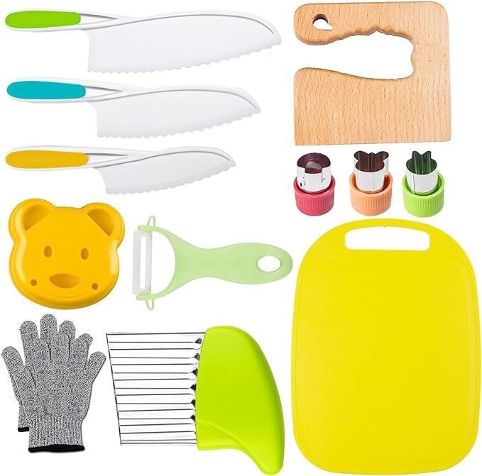 Leking 13 Pcs Wooden Kids Kitchen Knife, Kids Knife Set with Gloves Cutting Board Bear Sandwich C... | Amazon (US)