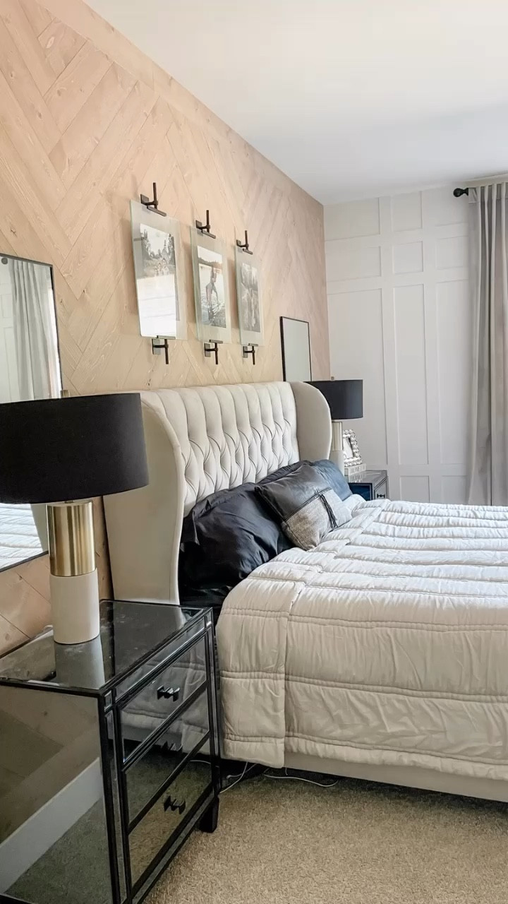 Primary bedroom decor in modern farmhouse chic. Herringbone plank accent wall, velvet curtain panels and touches of black and gold accents. 


#LTKHome #LTKVideo #LTKStyleTip
