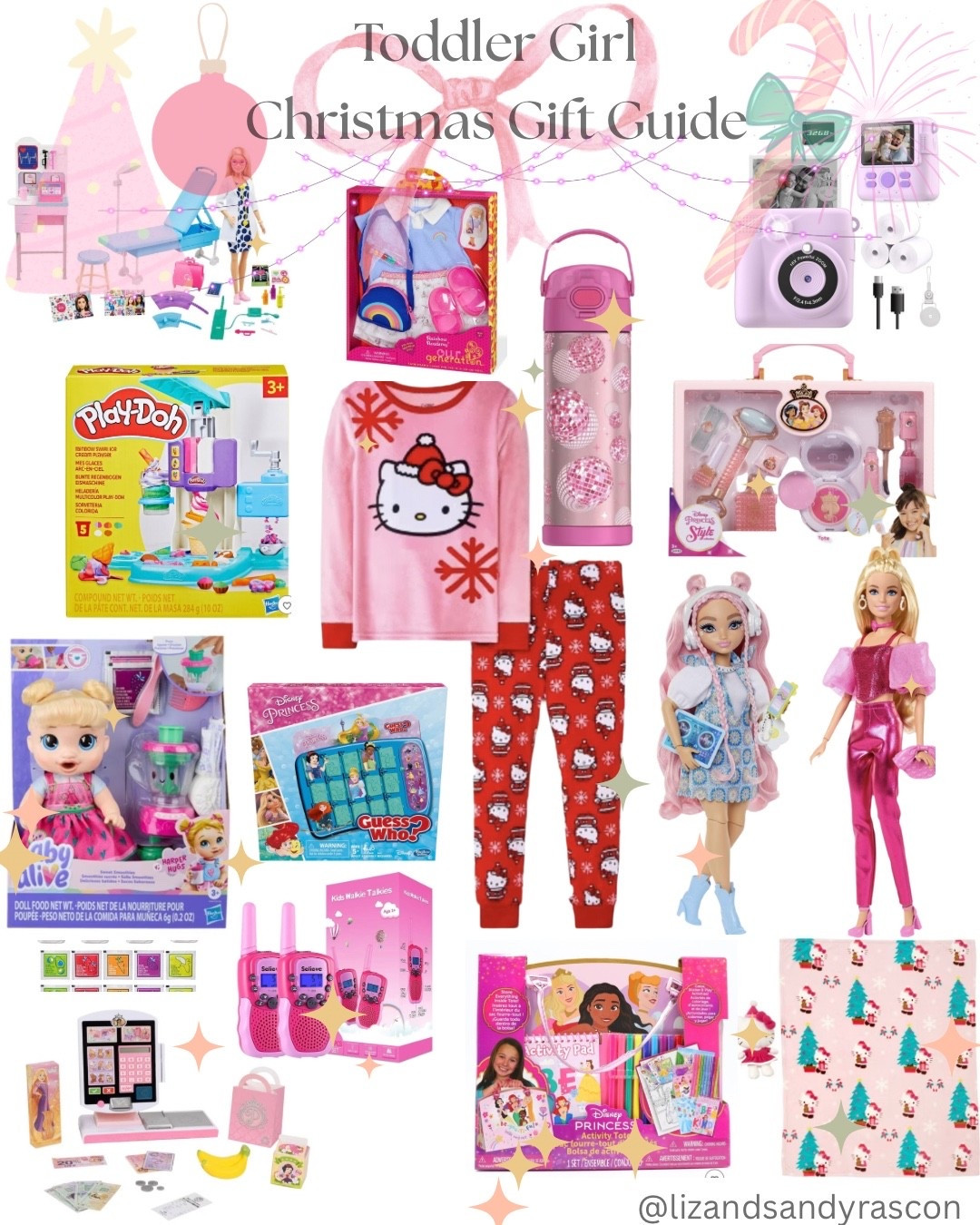 Toddler Girl Christmas Gift Guide. Hello Kitty Pajamas, Princess Guess Who Game, Baby Alive, Princess Cash register, Ice Cream Play-dough, Medical Doctor Barbie, Barbie water bottle, pink walkie talkies, Our Generation doll outfit, princess makeup case, Daisy Barbie Dream bestie, Barbie Deluxe Style Pink, girly, Hello Kitty stuffy and blanket, instant print camera, camera with printable pictures. 

#LTKKids #LTKGiftGuide #LTKHoliday