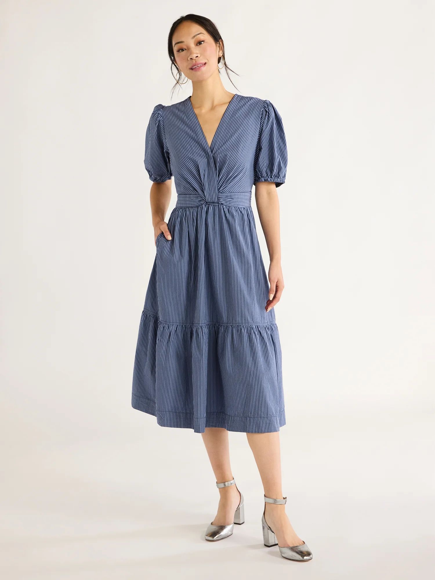 Free Assembly Women's Twist Front Cotton Midi Dress, Sizes XS-XXL | Walmart (US)