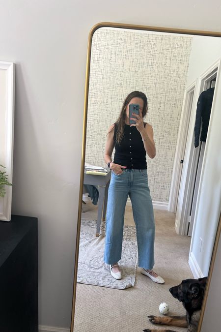 Vest top, sleeveless top, travel outfit, vintage wide leg jeans, wide leg jeans, cool mom jeans, studded flats, Mary Jane flats, Madewell x LTK, French girl outfit, French girl aesthetic 

#LTKworkwear #LTKover40 #LTKxMadewell