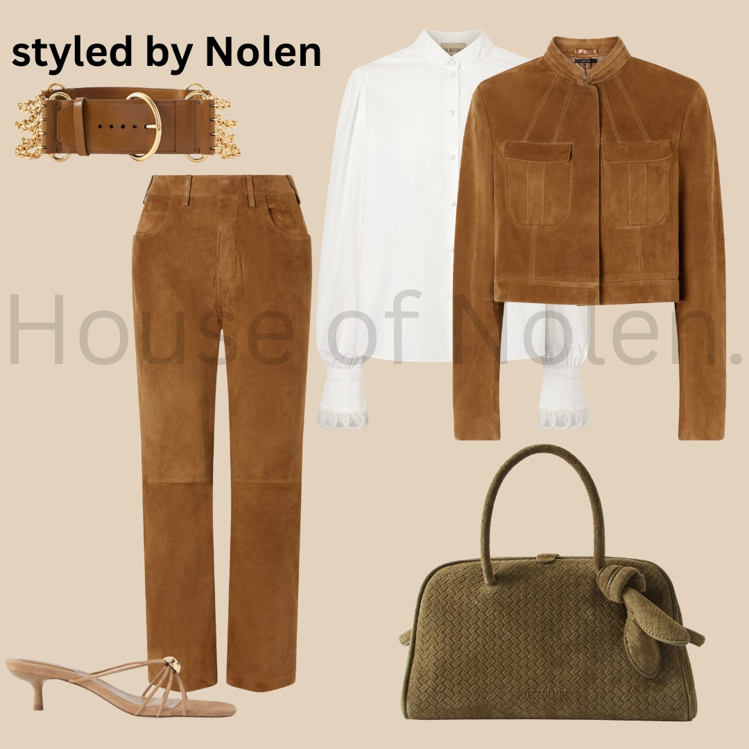 Spring 2026 Look 5.

suede season, always. 🤎
head-to-toe suede with a crisp white blouse peeking through — because contrast is everything. a gold-hardware belt cinches it all together while the olive Jacquemus bag adds just enough unexpected. kitten heel mules to finish. effortless with intention.

styled by nolen ✨ 

 

#LTKgrwm #LTKootd #LTKOver40