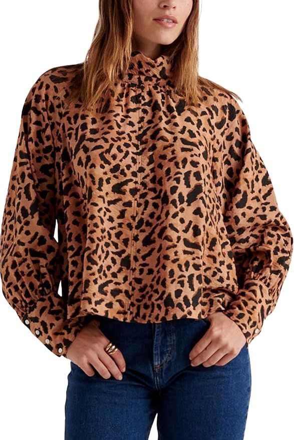 SCOFEEL Women Casual Leopard Blouse Long Sleeves Fashion Shirt Mock Neck Tie Cheetah Printed Top | Amazon (US)