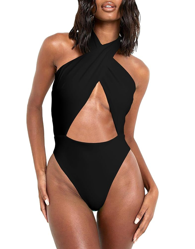 HYPERFIRE Women's Sexy Halter Criss Cross Swimsuit Cut Out One Piece Bathing Suit High Cut Swimwe... | Amazon (US)