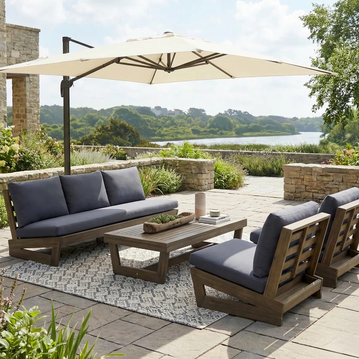 Louise Modern Outdoor Acacia Wood Conversation Set With Cushions | Wayfair North America