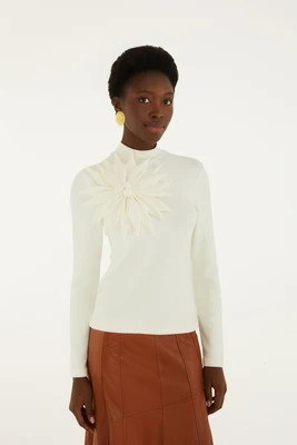 3d Flower Long Sleeve Blouse, OFF-WHITE / XL | FarmRio (US)