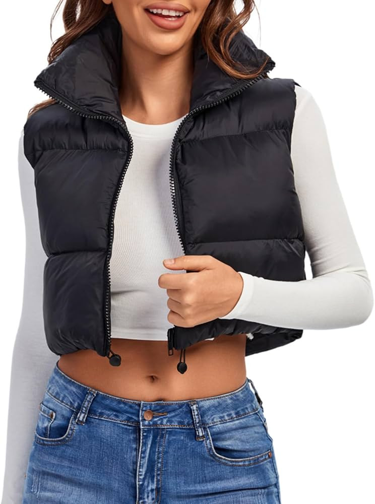 Fuinloth Women's Padded Vest, High Stand Collar Lightweight Zip Crop Puffer Gilet | Amazon (US)