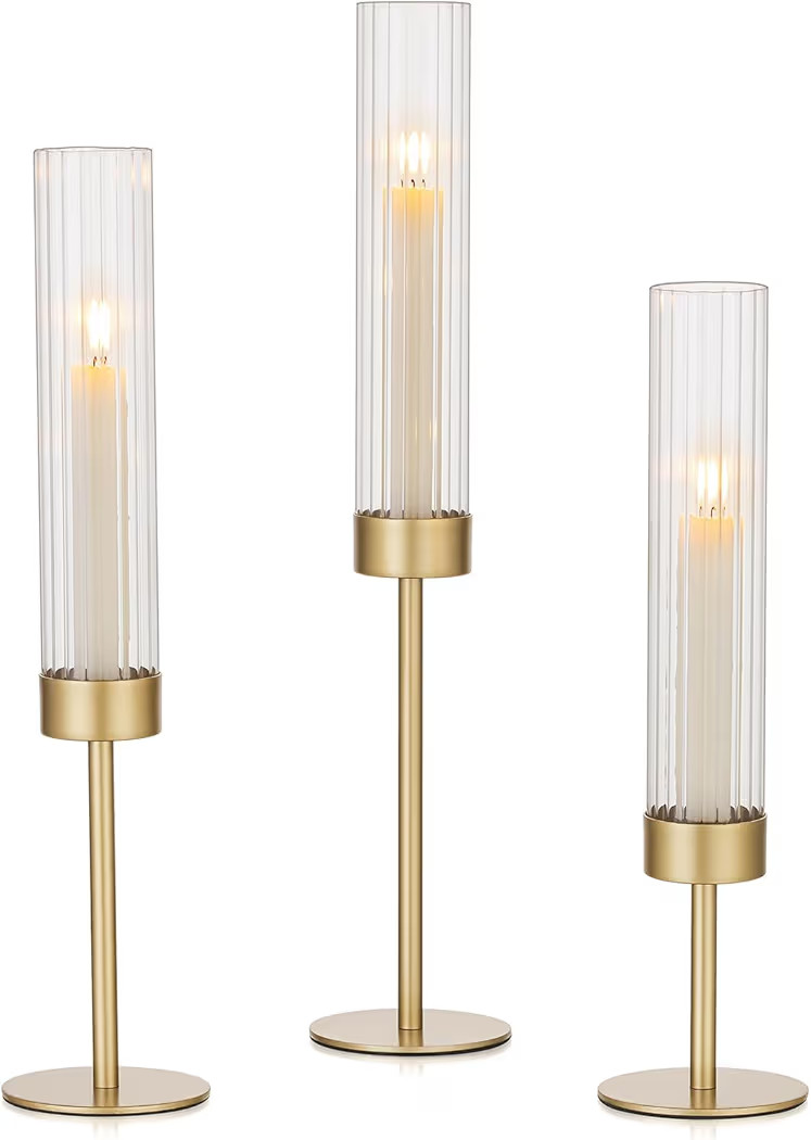 Hewory Gold Hurricane Candle Holders: Brass Candlestick Holders Set of 3 Tall Taper Candle Holder... | Amazon (US)