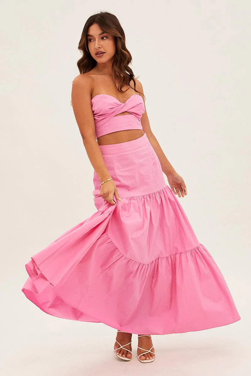 Pink Maxi Skirt High Rise Tiered | Ally Fashion (US, Australia & New Zealand)