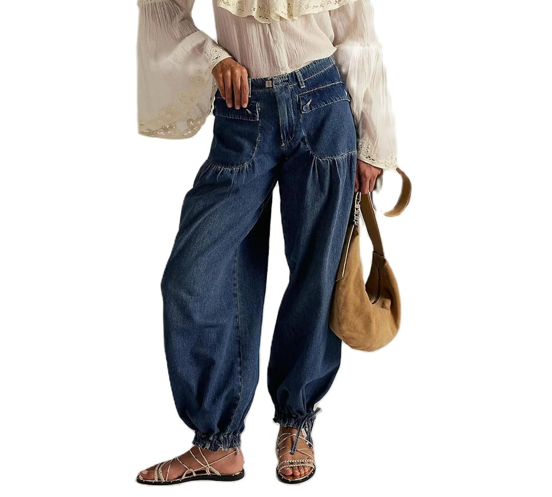Low Rise Barrel Jeans Women Lotus Tube Wide Leg Denim Pants Boyfriend Pleated Ruffle Tie Hem Y2k ... | Amazon (US)