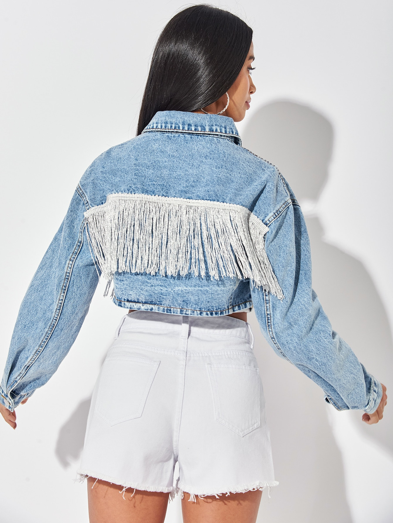 SHEIN PETITE Fringe Trim Single Breasted Denim Jacket | SHEIN