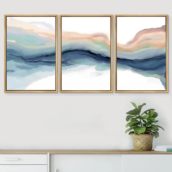 PixonSign Framed Wall Art Set Pastel Watercolor Teal Brown Paint Stroke Landscape Abstract Canvas... | Walmart (US)