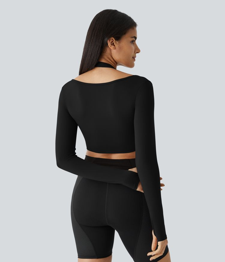 Women’s Softlyzero™ Plush Halter Thumb Hole Long Sleeve Cropped 2-in-1 Yoga Sports Top - Hala... | Halara UK