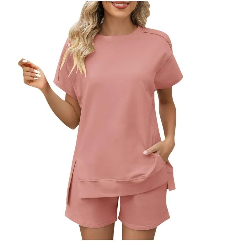 BUIgtTklOP no boundaries Women'sSummer 2PC Sets Clearance Solid Loose Casual Short Sleeve Round-N... | Walmart (US)