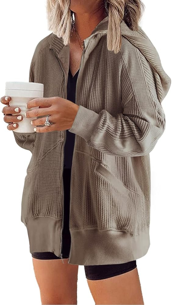 Yanekop Womens Waffle Knit Jacket Oversized Fall Jacket Zip Up Hoodie With Pocket Shacket Tops | Amazon (US)