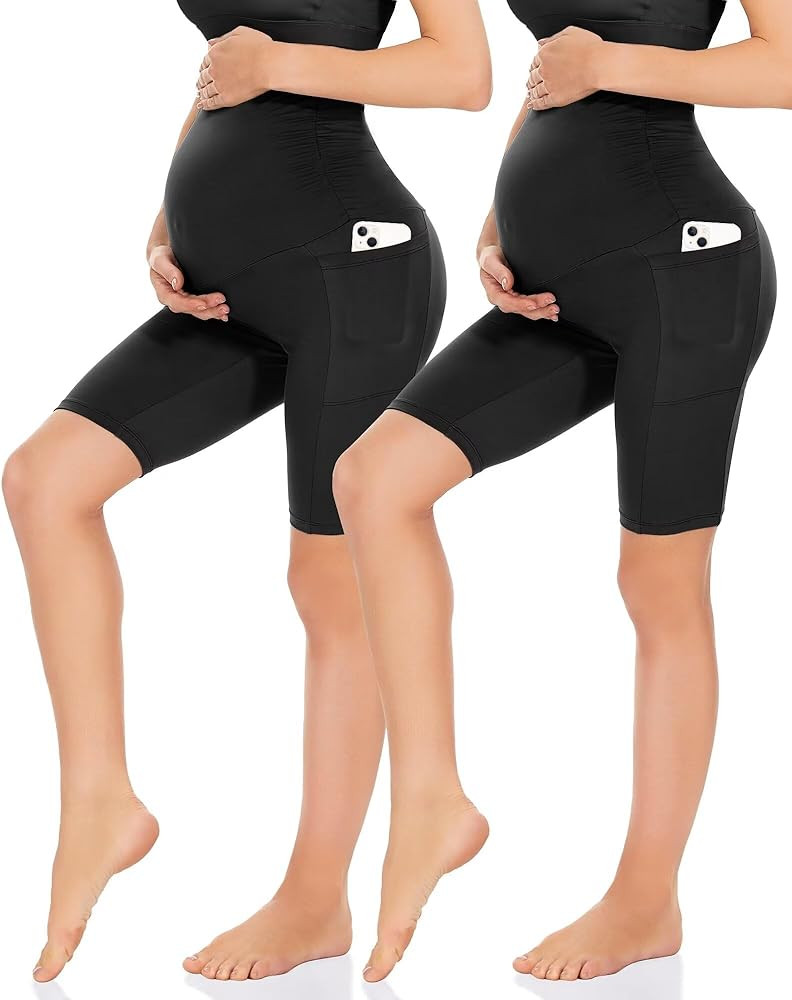 HIGHDAYS 2 Pack Maternity Shorts Over Belly with Pockets - 8" Women's Pregnancy Biker Shorts for ... | Amazon (US)