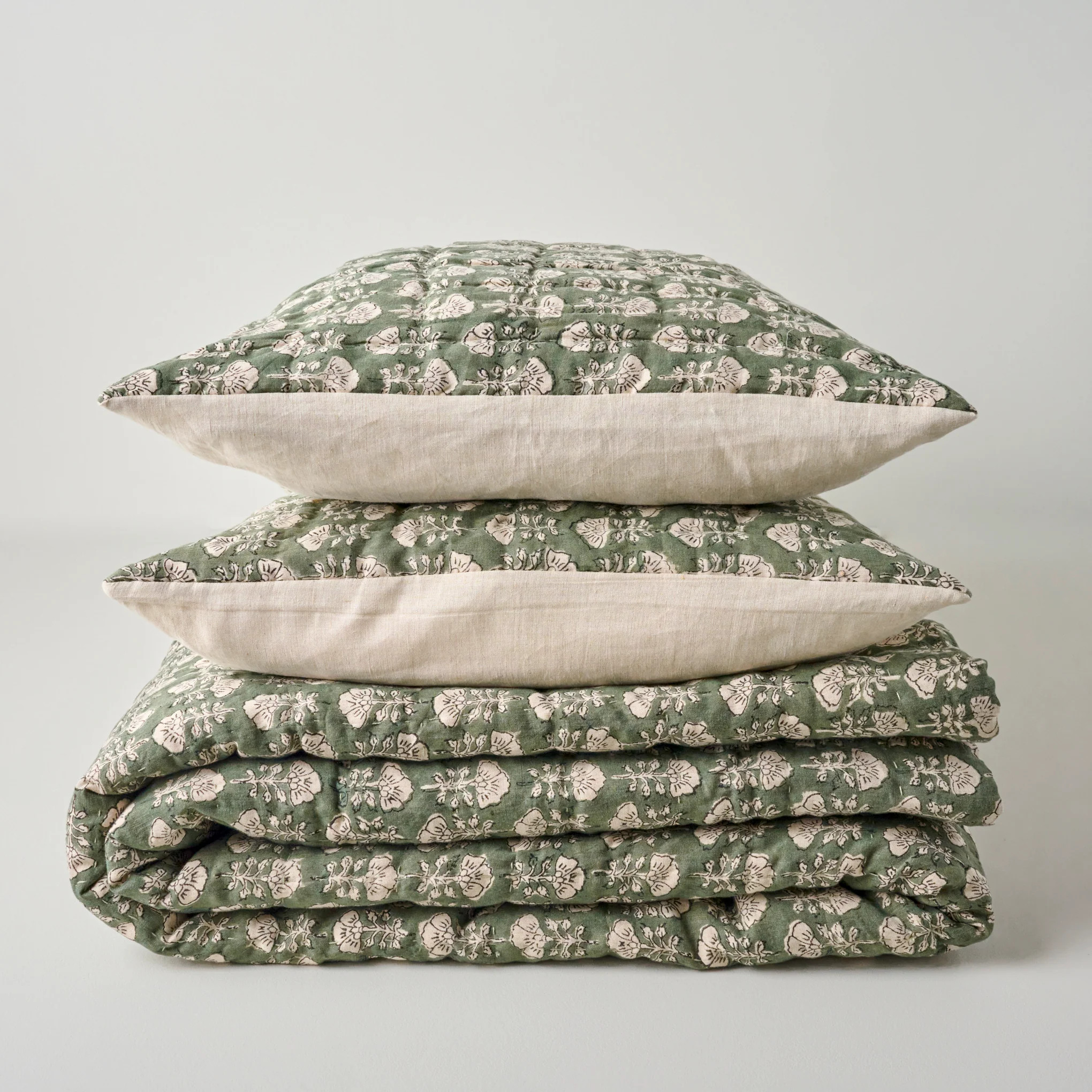 Dusty Green Flora Block Print Quilt + Sham Set (Queen) | Magnolia