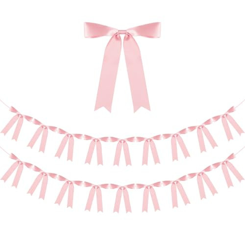 Rose Pink Bow Garland Banner 2 Strings 18PCS, Pre-Strung Satin Ribbon Bow Ornaments for Birthday, Baby Shower, Bridal Shower, Wedding, Bachelorette Party, Engagement, Anniversary, Graduation Decor | Amazon (US)