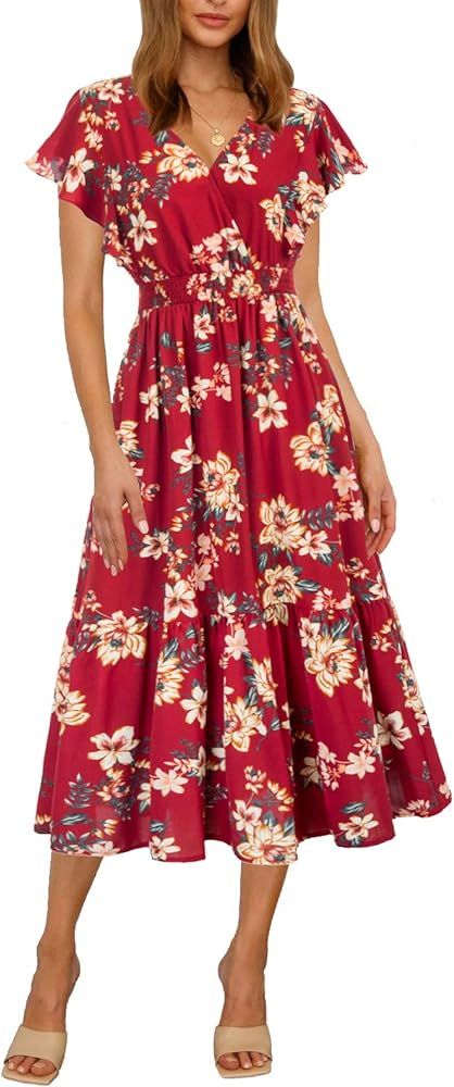 Kate Kasin Women V-Neck Ruffle Short Sleeve Wrap Dress Tiered Flared A-Line Swing Maxi Dress with... | Amazon (US)