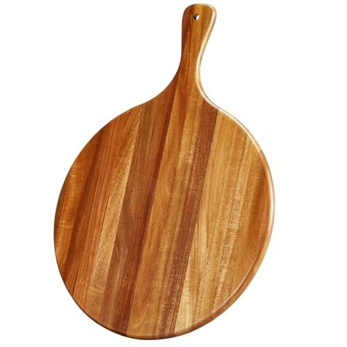 Acacia Wood Round Cutting Board with Handle - Wooden Charcuterie Board, Versatile Cutting Serving Board for Pizza, Bread, Cheese, Vegetables, and Kitchen Decor, 16"x12" | Amazon (US)