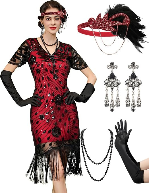 Flapper Dresses 1920s,Great Gatsby Dresses for Women Fringe Roaring 20s Costumes with 20s Accessories for Harlem Nights | Amazon (US)