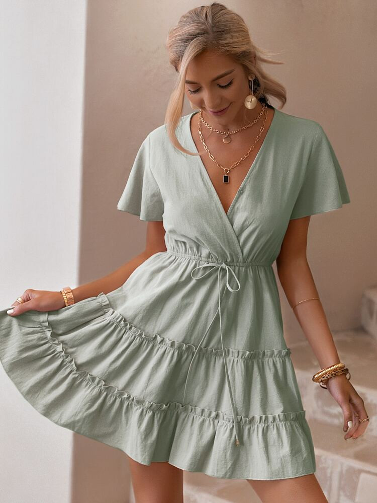 Simplee Surplice Neck Tie Waist Dress | SHEIN