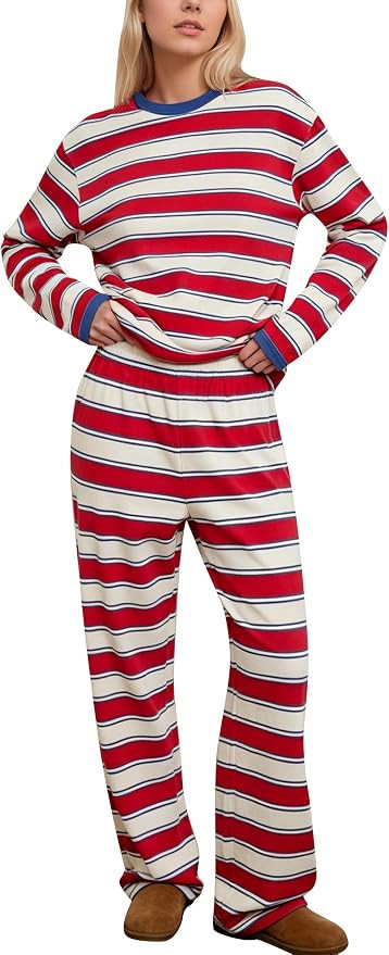 Women Striped Oversized T-Shirt Matching Trousers Set | Amazon (US)