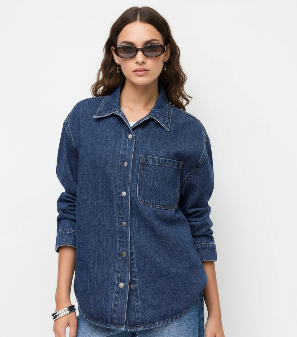 Denim Denim Collar Long Sleeve Curved Hem Oversized Blouse For Daily Casual | Cider