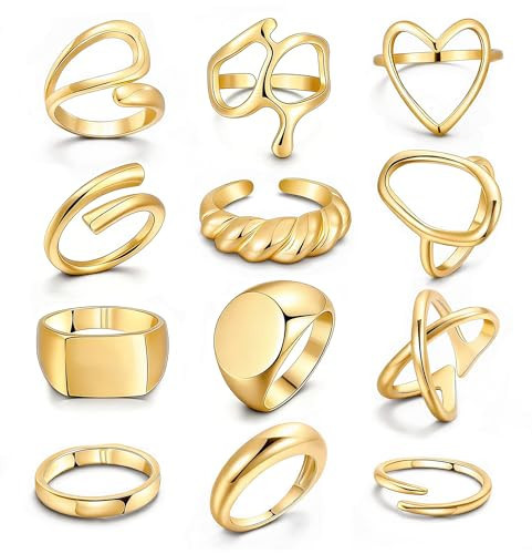 FAXHION 12PCS Gold Stackable Rings Set for Women, 18K Gold Plated Open Stacking Knuckle Ring, Adjustable Chunky Signet Band Statement Ring for Gift | Amazon (US)