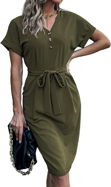 DEEP SELF Women Summer V Neck Short Sleeve Button Up Belted T Shirt Midi Dress Casual Work Office... | Amazon (US)