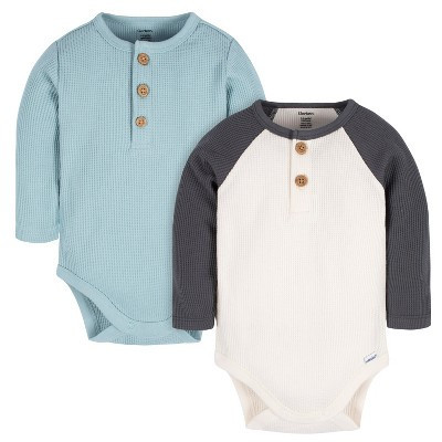Gerber Baby Boys' Long Sleeve Onesies Bodysuits - Blue/Ivory - 6-9 Months - 2-Pack | Target