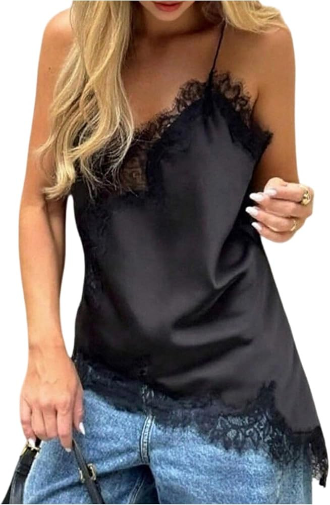 OYOANGLE Women's Satin Lace Cami Top Sleeveless Asymmetrical Y2k Going Out Tank Tops | Amazon (US)