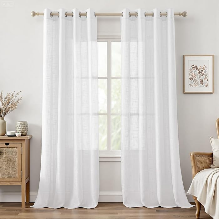 HOMEIDEAS White Linen Sheer Curtains, Linen Textured Semi Sheer Curtains 84 Inches Long, Farmhous... | Amazon (US)