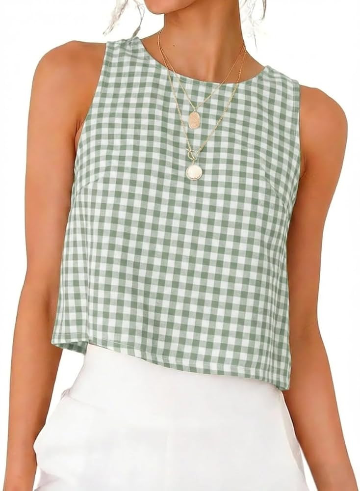 IDEALSANXUN Green Tank Top Woman 2026 Spring Summer Gingham Cute Crop Tops Sleeveless Plaid Shirt... | Amazon (US)