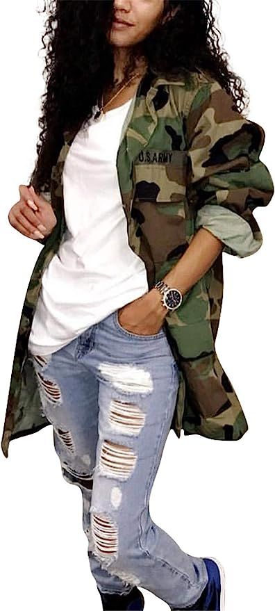 Womens Street Fashion Military Camouflage Printed BF Coat Safari Jacket Overcoats | Amazon (US)