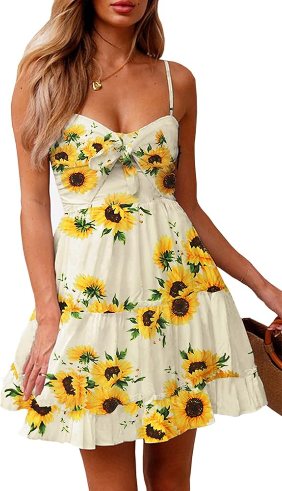 ECOWISH Womens Dresses Floral Spaghetti Strap Tie Knot Front Flowy Pleated Mini Swing Dress | Amazon (US)