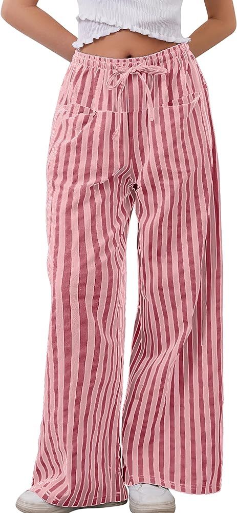 MISSACTIVER Women Drawstring Striped Pants Loose Wide Leg Trousers Casual Low Waist Pants Comfy L... | Amazon (US)