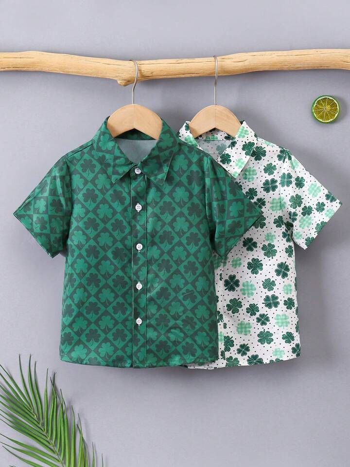 SHEIN Kids SUNSHNE Young Boys' Short Sleeve St. Patrick's Day Lucky Clover Green Comfortable Vers... | SHEIN