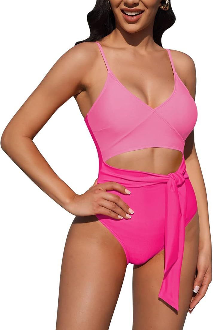 Pink Queen Women's One Piece Wrap V Neck Cutout Tie Knot High Cut Tummy Control Swimsuit Monokini | Amazon (US)