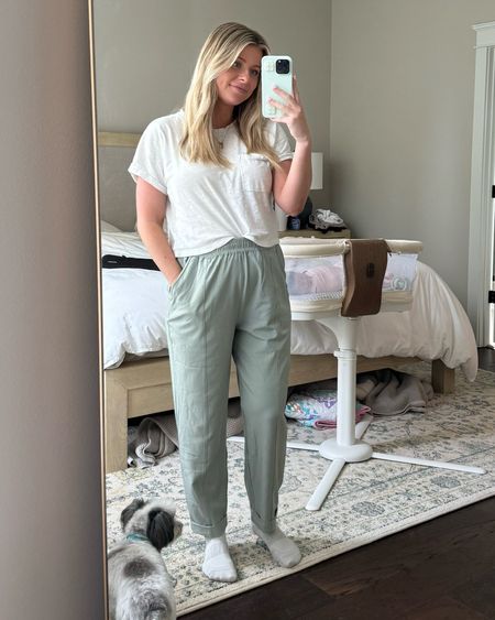 jogger pants: small 
white T-shirt: small 

Casual outfit, postpartum outfits, comfy clothes, Varley, free people, athleisure 

#LTKFindsUnder100 #LTKStyleTip #LTKActive