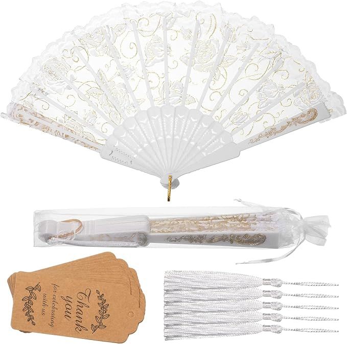 24 Sets Lace Floral Folding Hand Fans Rose Retro Folding Fan Foldable White Hand Fans Bridal Hand... | Amazon (US)
