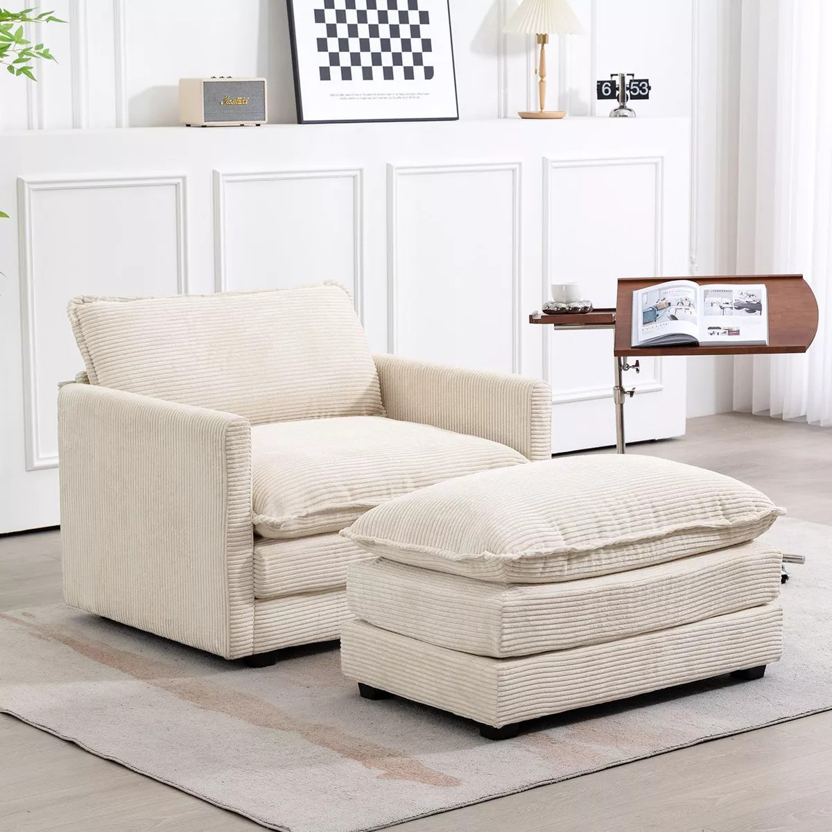 Hyleory Modern Corduroy Fabric Upholstered Accent Chair with Ottoman in Beige | Target