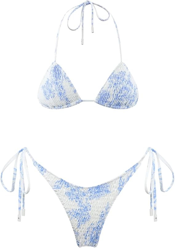 VOLAFA Women's Triangle Bikini Set String Swimsuit Print Tie Smocked Ruched Two Piece Bathing Sui... | Amazon (CA)