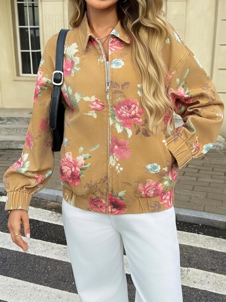 Cicy Bell Womens Floral Zip Up Bomber Jackets Cropped Long Sleeve Denim Coats Trendy Casual Colla... | Amazon (US)